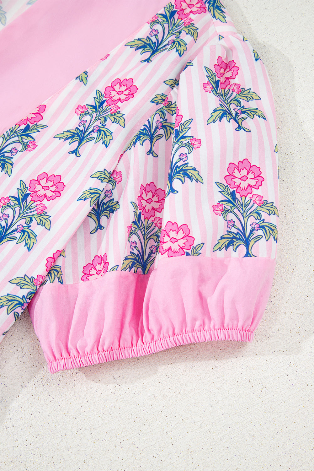 Rose Floral Striped Print Contrast Patchwork Ruffle Hem Blouse eAura