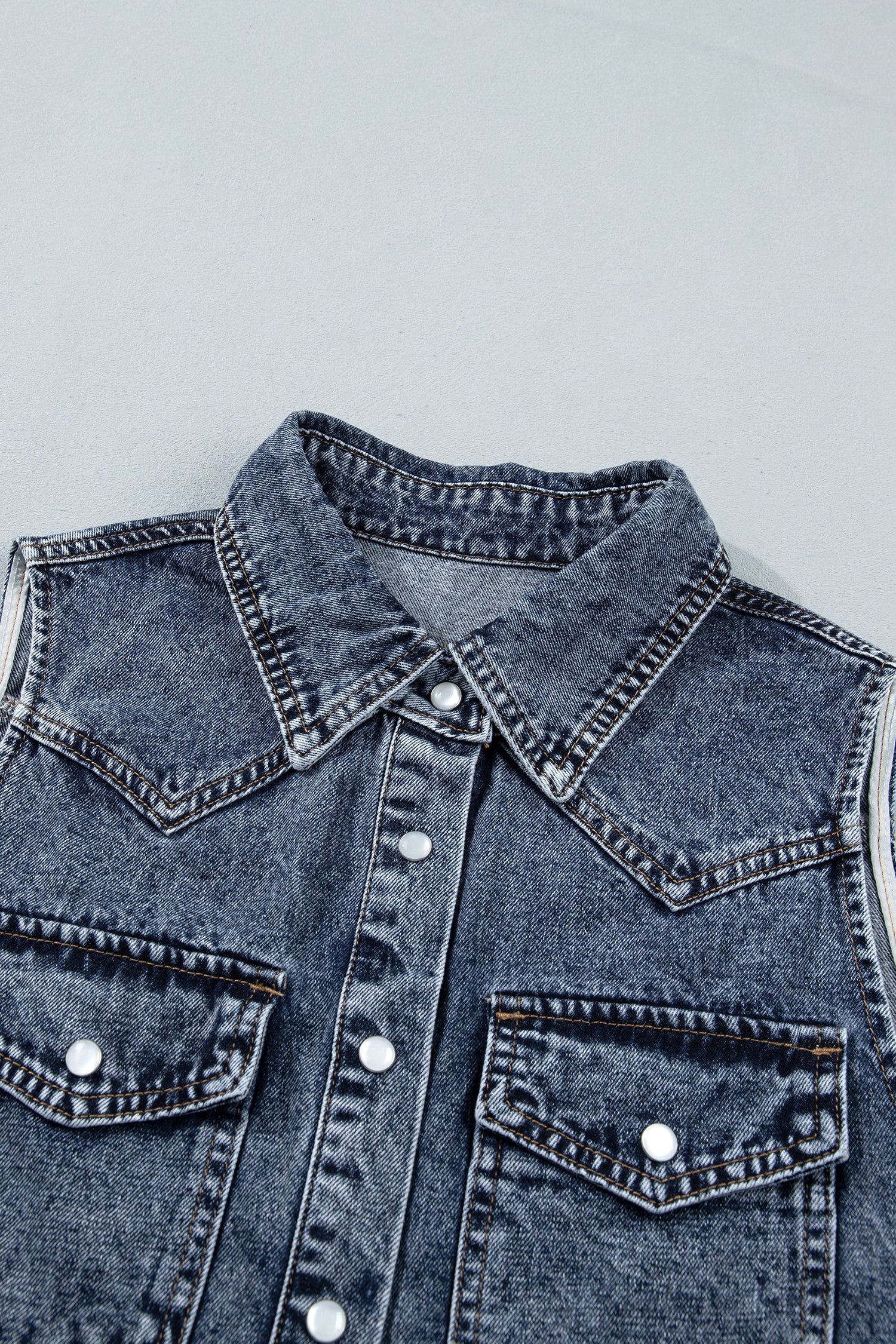 Ashleigh Blue Solid Denim Button Front Pocket Sleeveless Cowboy Vest – Dark Blue