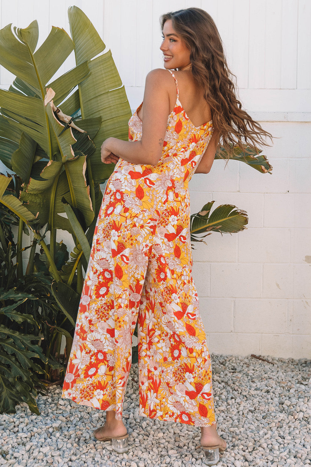 Orange Floral V Neck Wide Leg Sleeveless Jumpsuit eAura