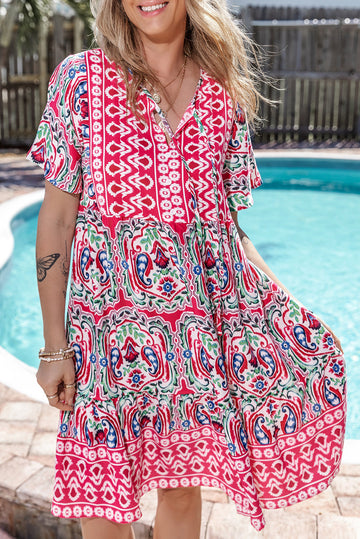 Pink Bohemian Print Tie Neck Ruffle Hem Short Dress eAura