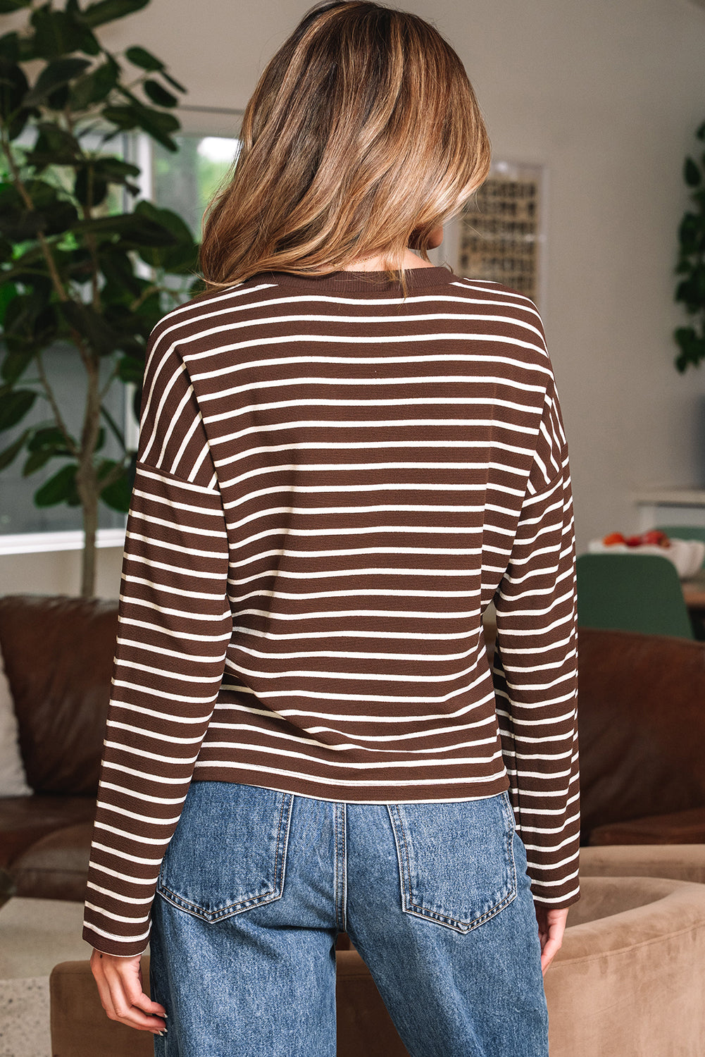 Striped Ribbed Cropped Long Sleeve T-Shirt - eAura