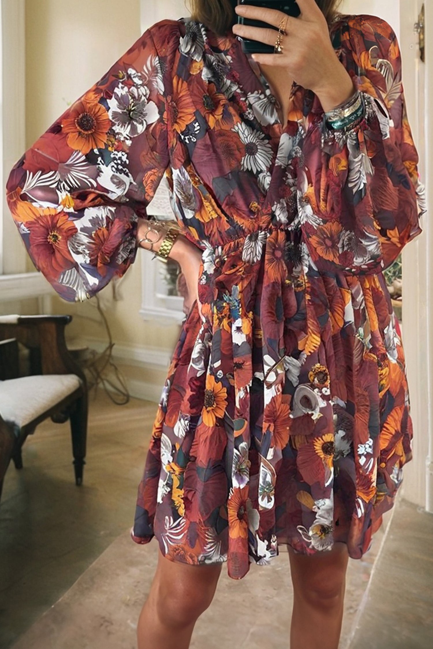 Floral Print Wrap V-Neck Puff Sleeve Flowy Mini Dress - eAura