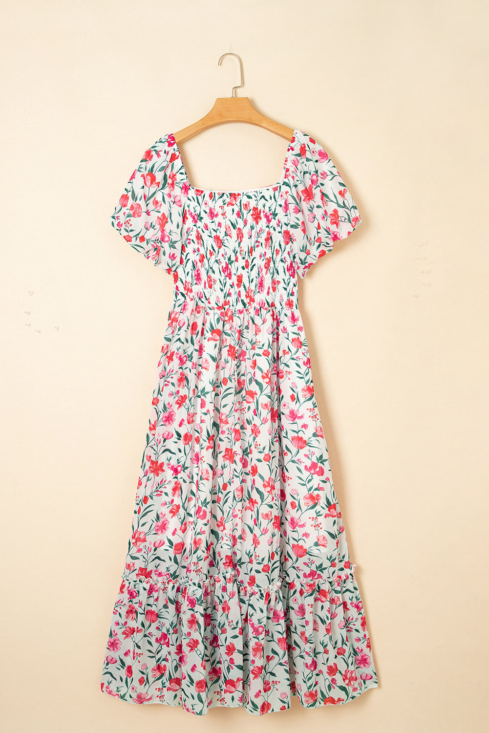 Pink Floral Puff Sleeve Square Neck Empire Waist Tiered Maxi Dress eAura