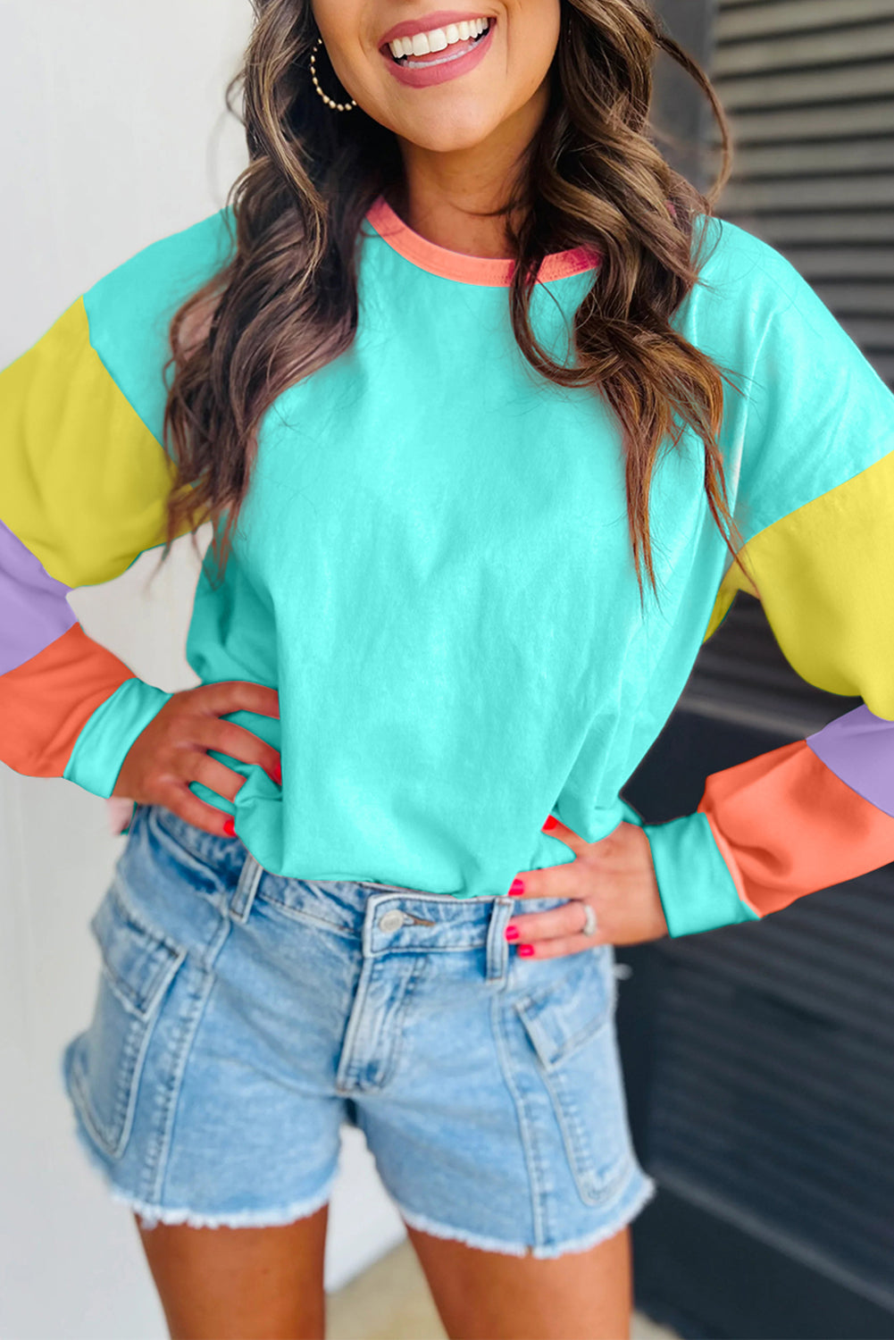 Dark Blue Colourblock Patchwork Long Sleeve Loose Top eAura