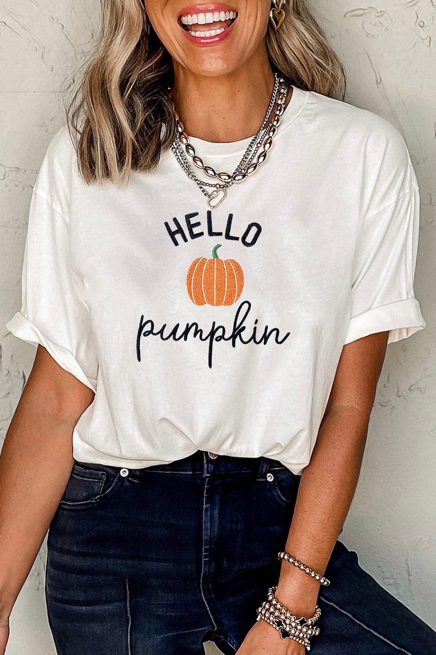 Embroidered Pumpkin Slogan Short Sleeve T-Shirt – White