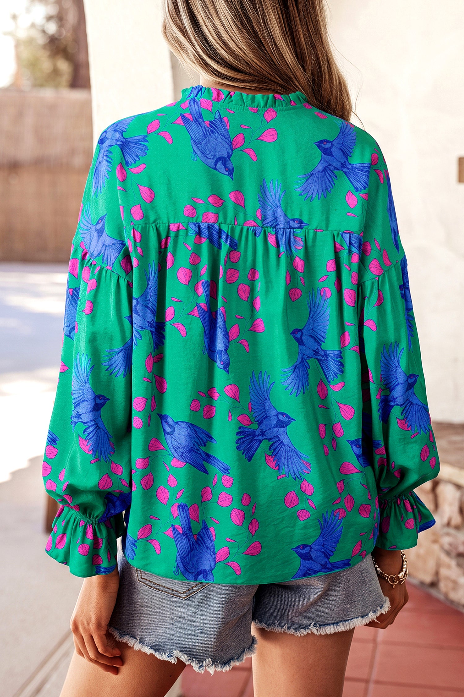 Abstract Print V Neck Flounced Puff Sleeve Blouse – Green