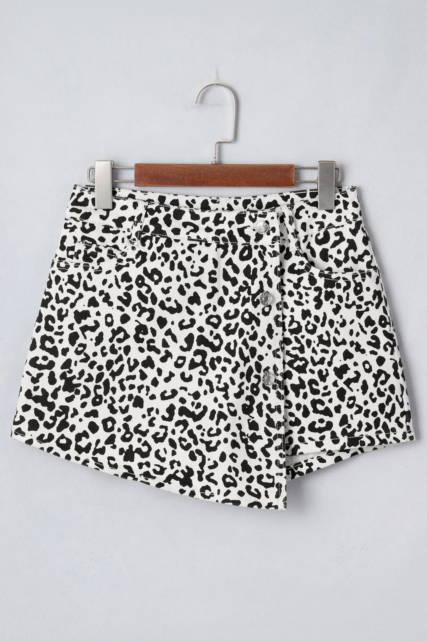 Black Leopard Print Button Overlap Denim Shorts