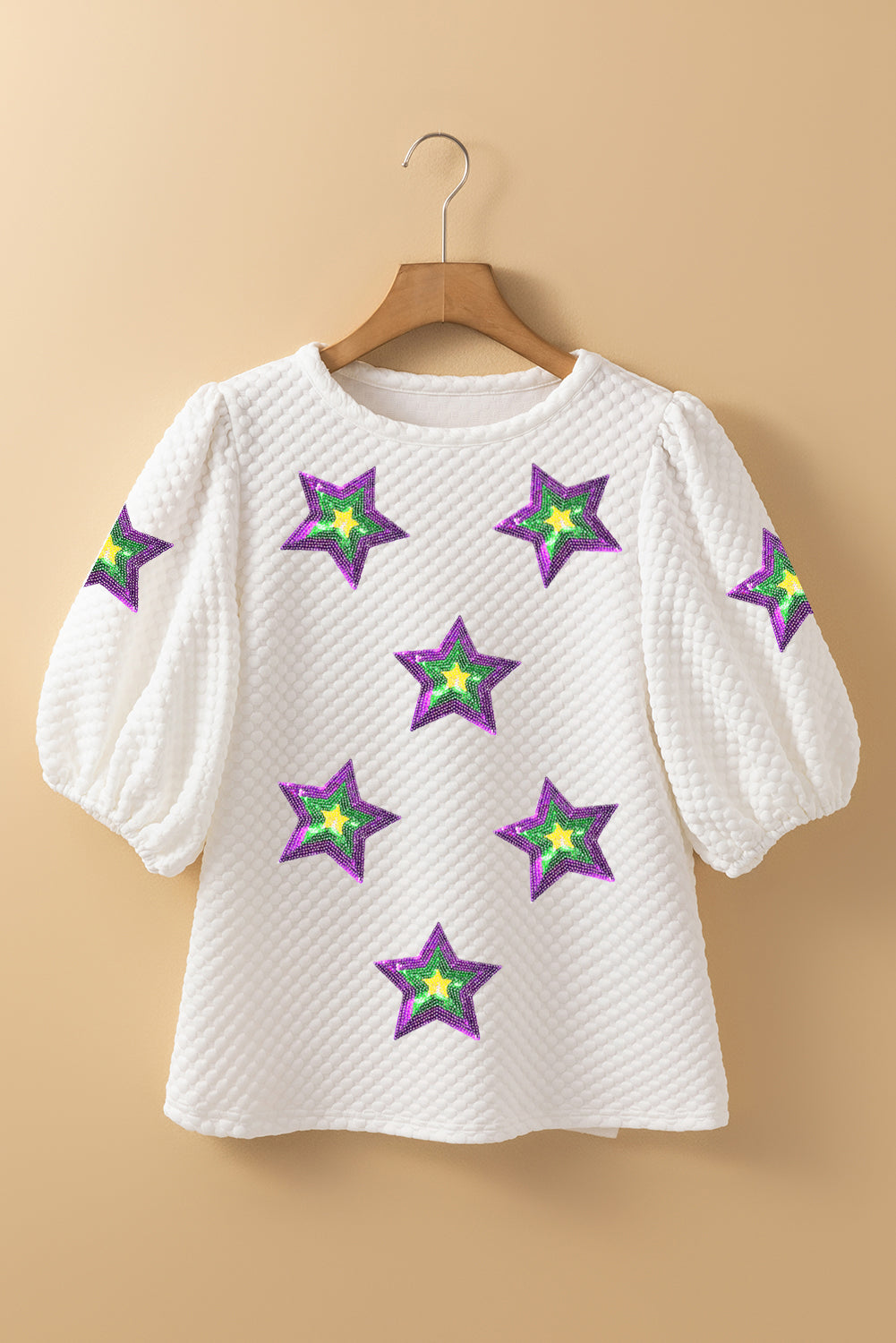 White Textured Sequin Mardi Gras Star Graphic Puff Sleeve Blouse eAura