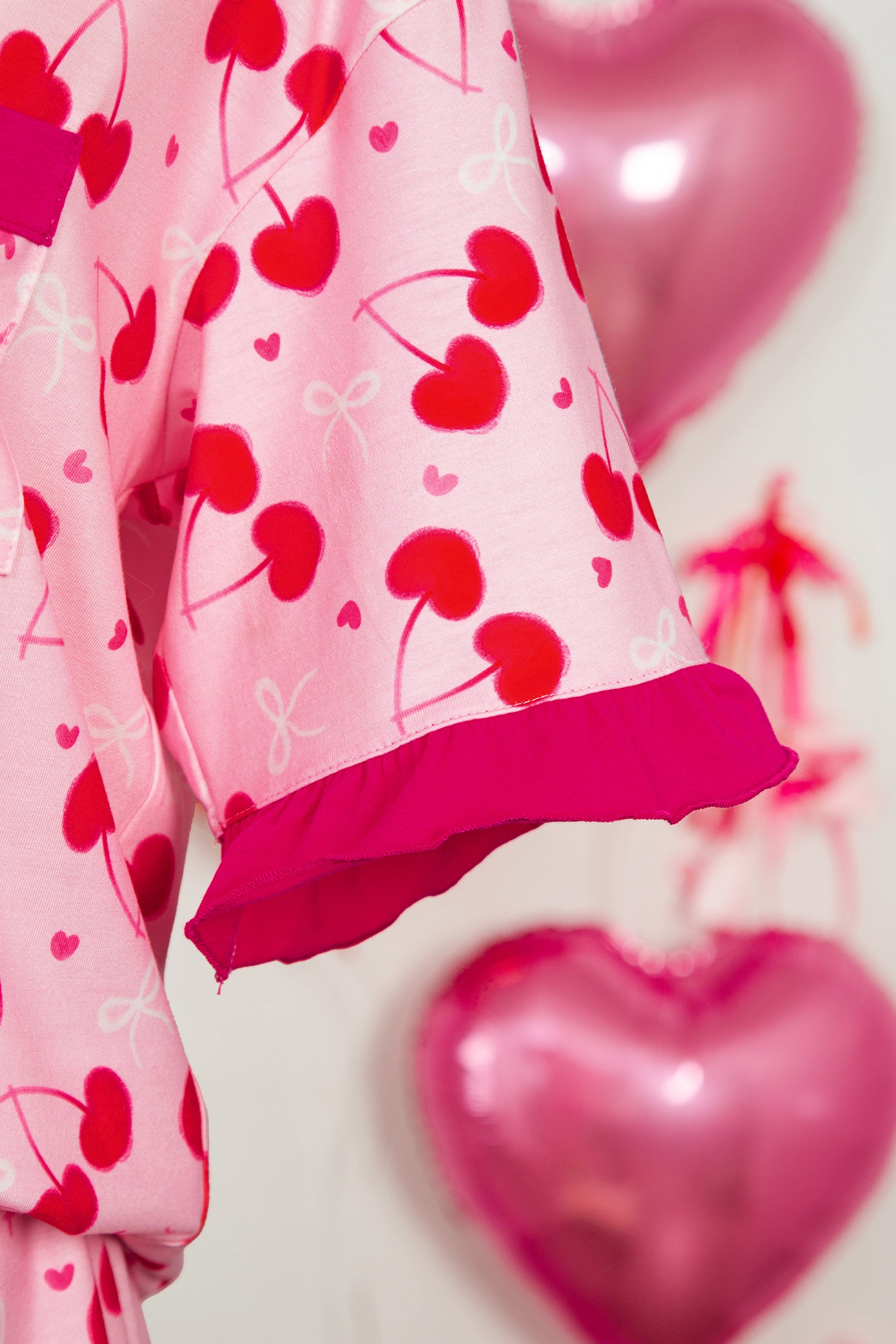 Cherry Bow Mixed Print Scalloped Edge Short Pajama Set – Rose