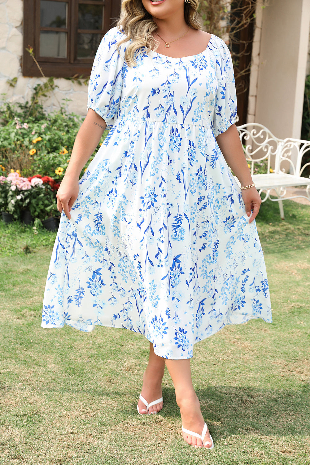 Sky Blue Floral Print Sweetheart Neck Plus Size Midi Dress BB Fashion Outlet