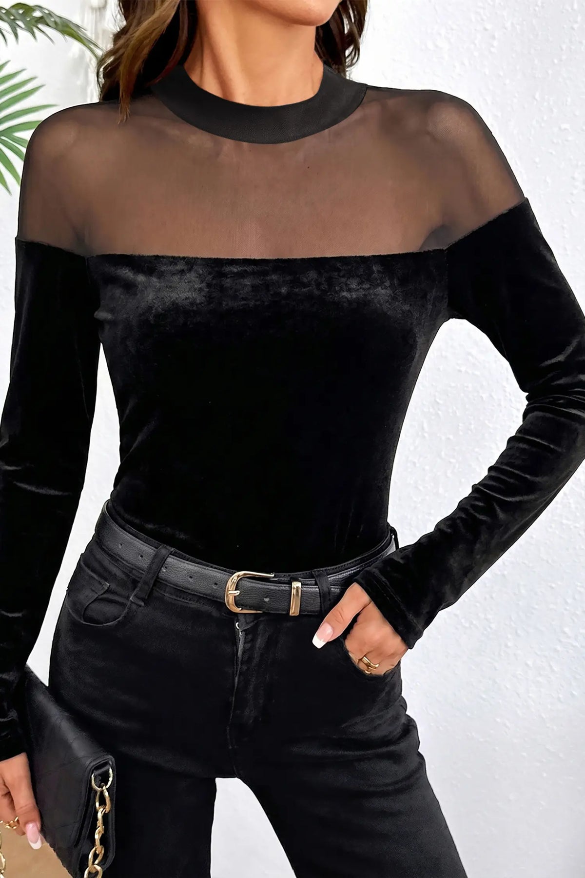 Long Sleeve Pullover Top Velvet Sheer Neck Patchwork