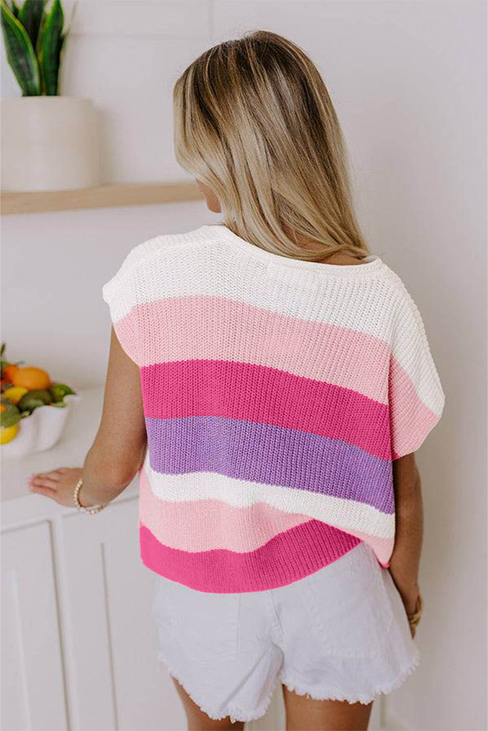Pink Color Block Notch V Neck Sweater T Shirt Dear-Lover Dropshipping
