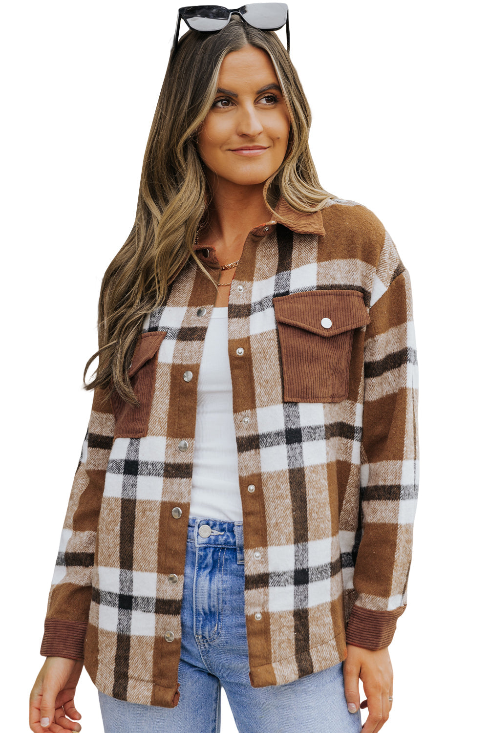 Brown Pocketed Buttoned Plaid Shirt Jacket Beagle Boutique Fashion Outlet