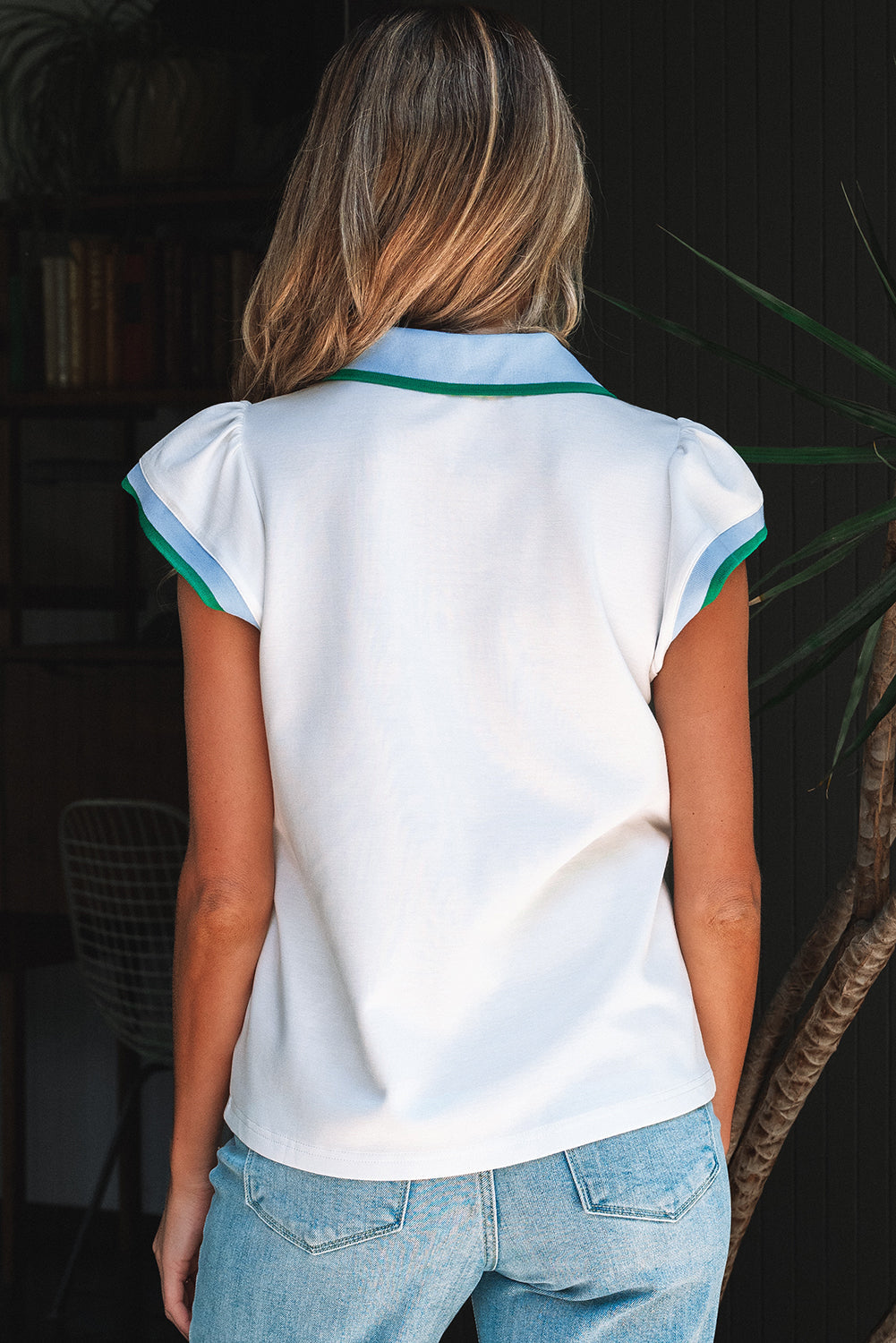 Contrast Ruffled Sleeve Collared V-Neck Blouse eAura
