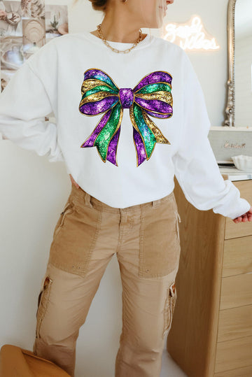 White Mardi Gras Bow Graphic Drop Shoulder Sweatshirt eAura