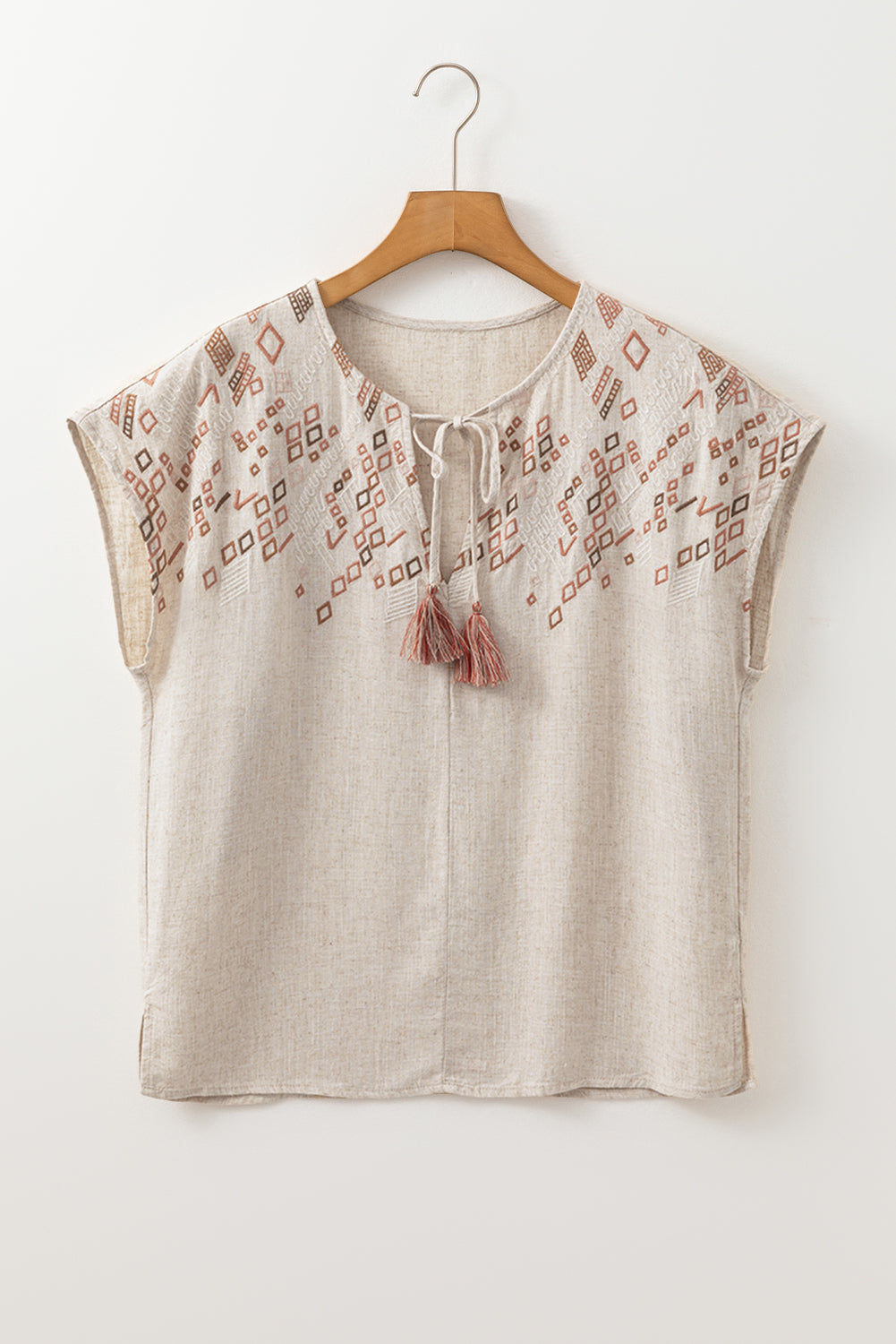 Jet Stream Geometric Embroidered Short Sleeve Tassel Tied V Neck Blouse eAura