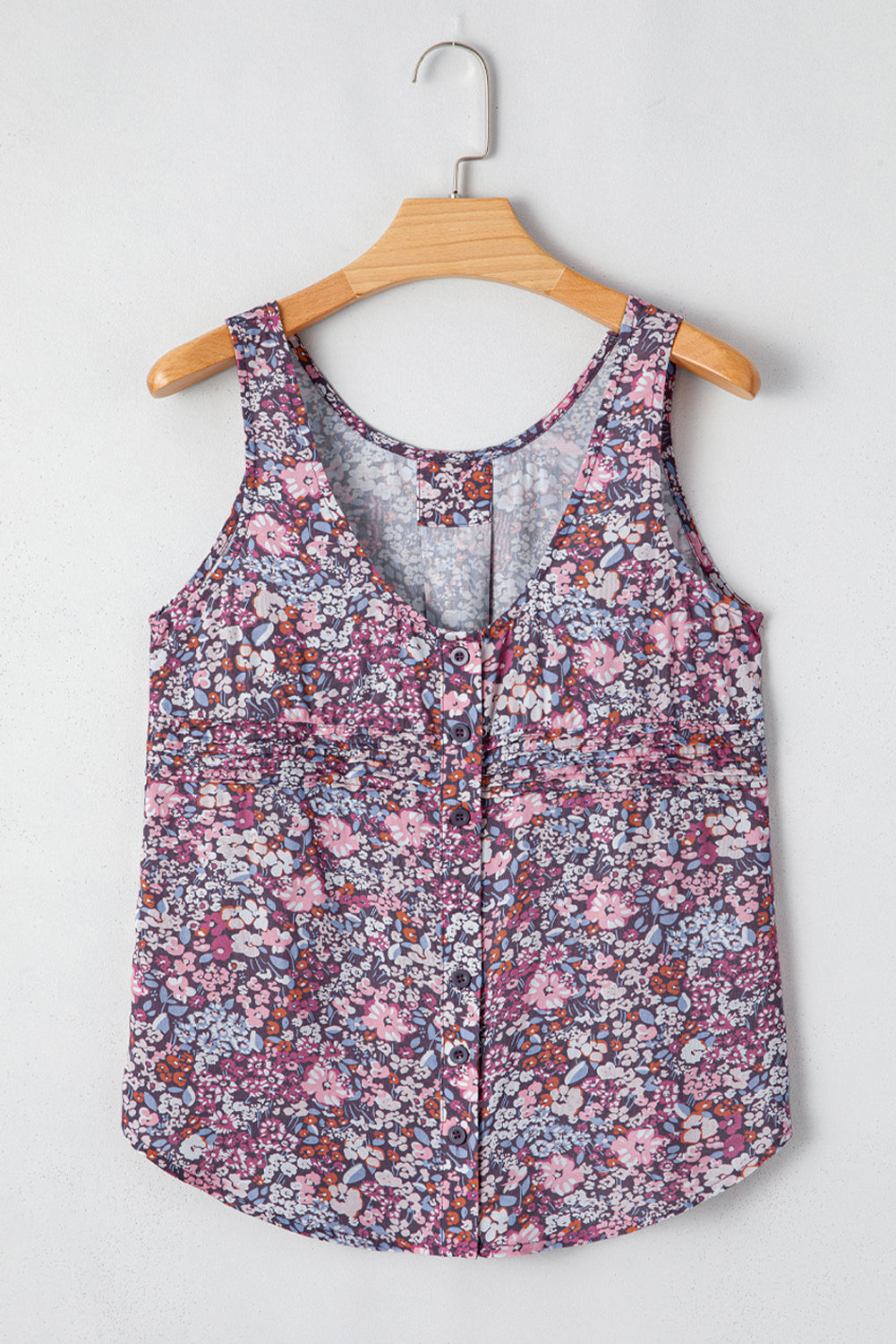 Boho Floral Pleated Buttoned Front Sleeveless Top eAura