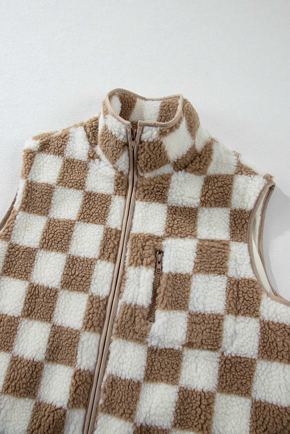 Khaki Checkered Sherpa Collared Jacket Vest - eAura