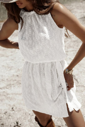 White Lace Sleeveless Knot Hollow Out Back Tied Waist Mini Dress eAura
