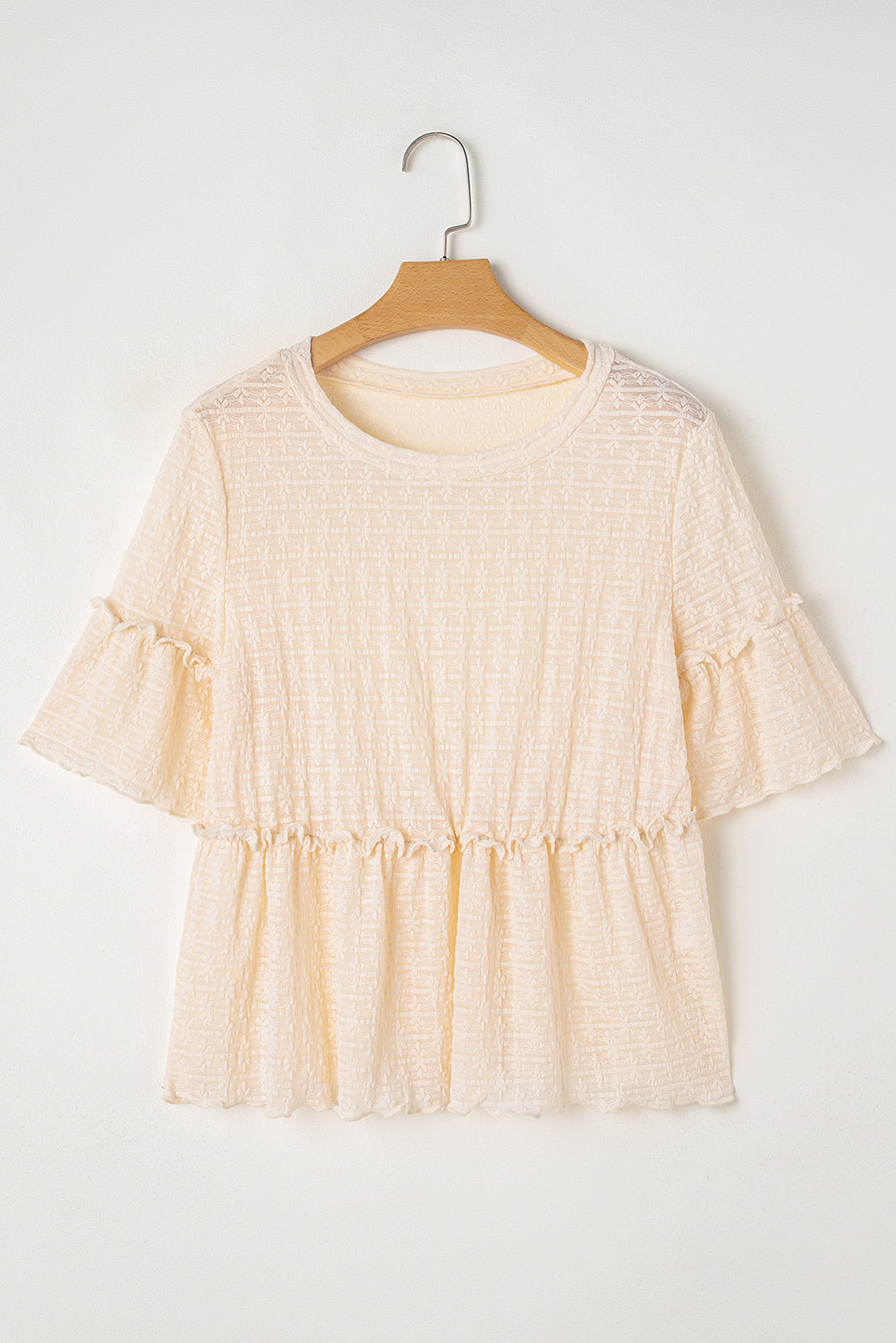 Beige Solid Colour Textured Ruffled Short Sleeve Blouse eAura