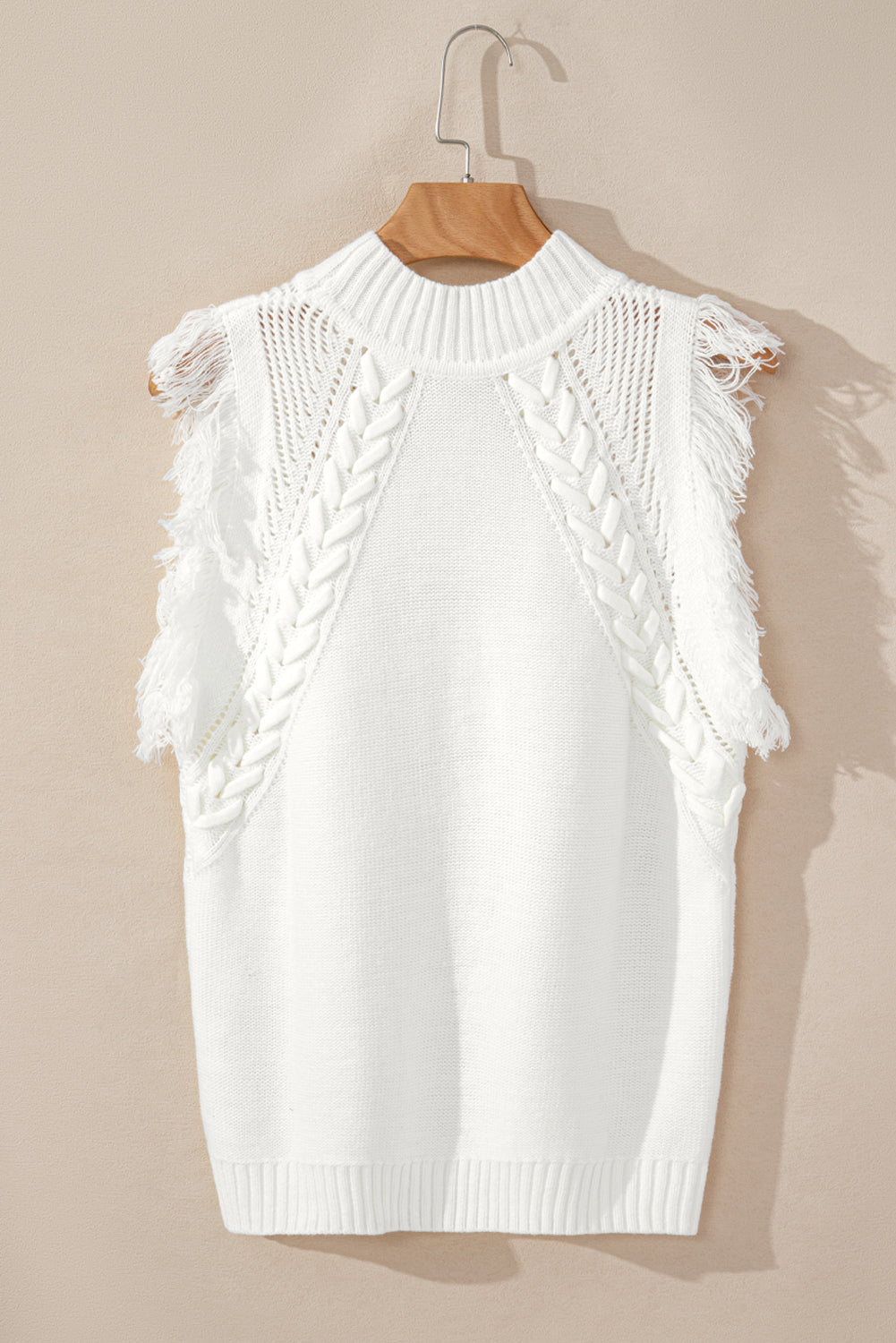 White Woven Tasseled Sleeveless Mock Neck Sweater Vest eAura