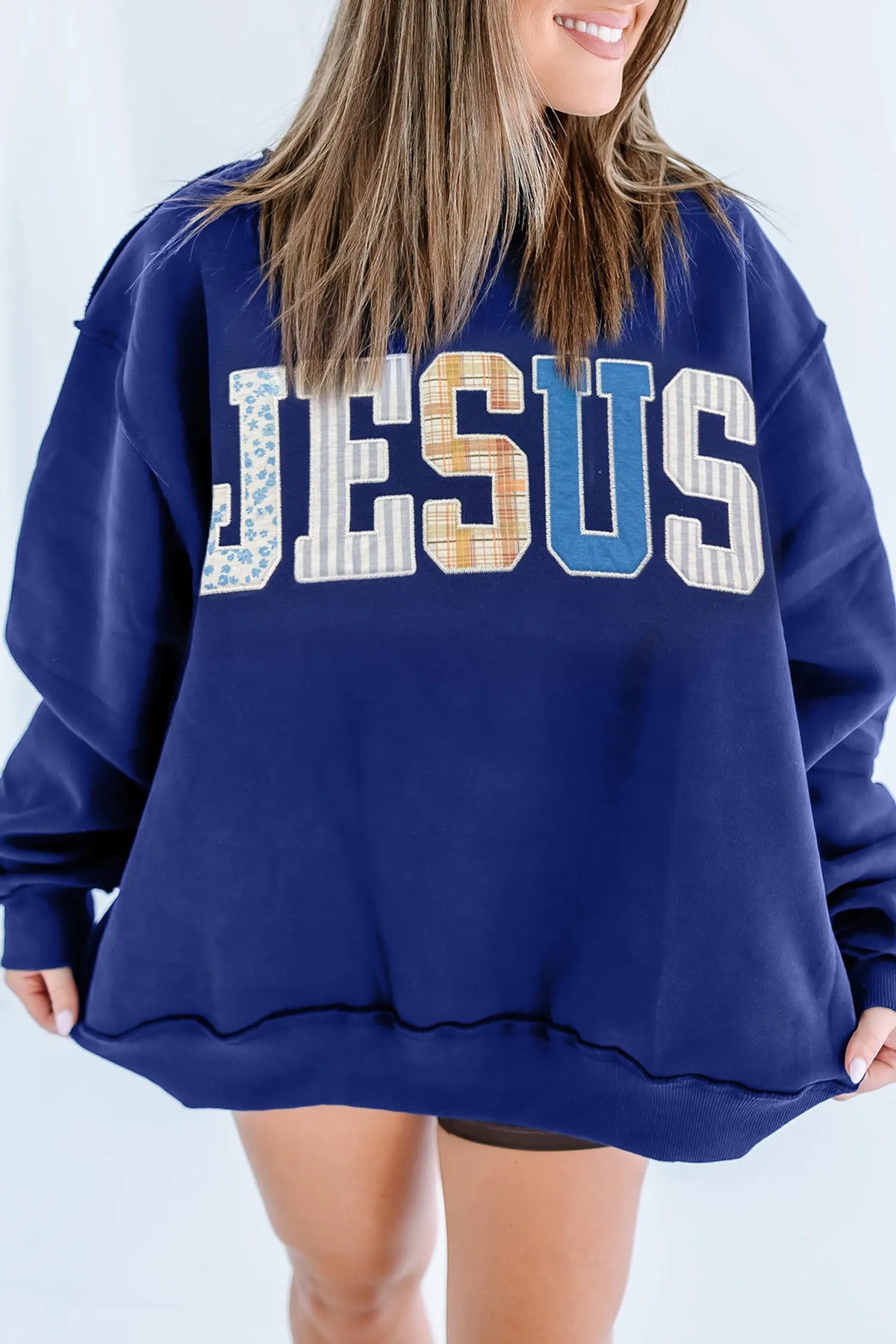 Mock Neck Sweatshirt JESUS Mixed Pattern Embroidered Patch Graphic