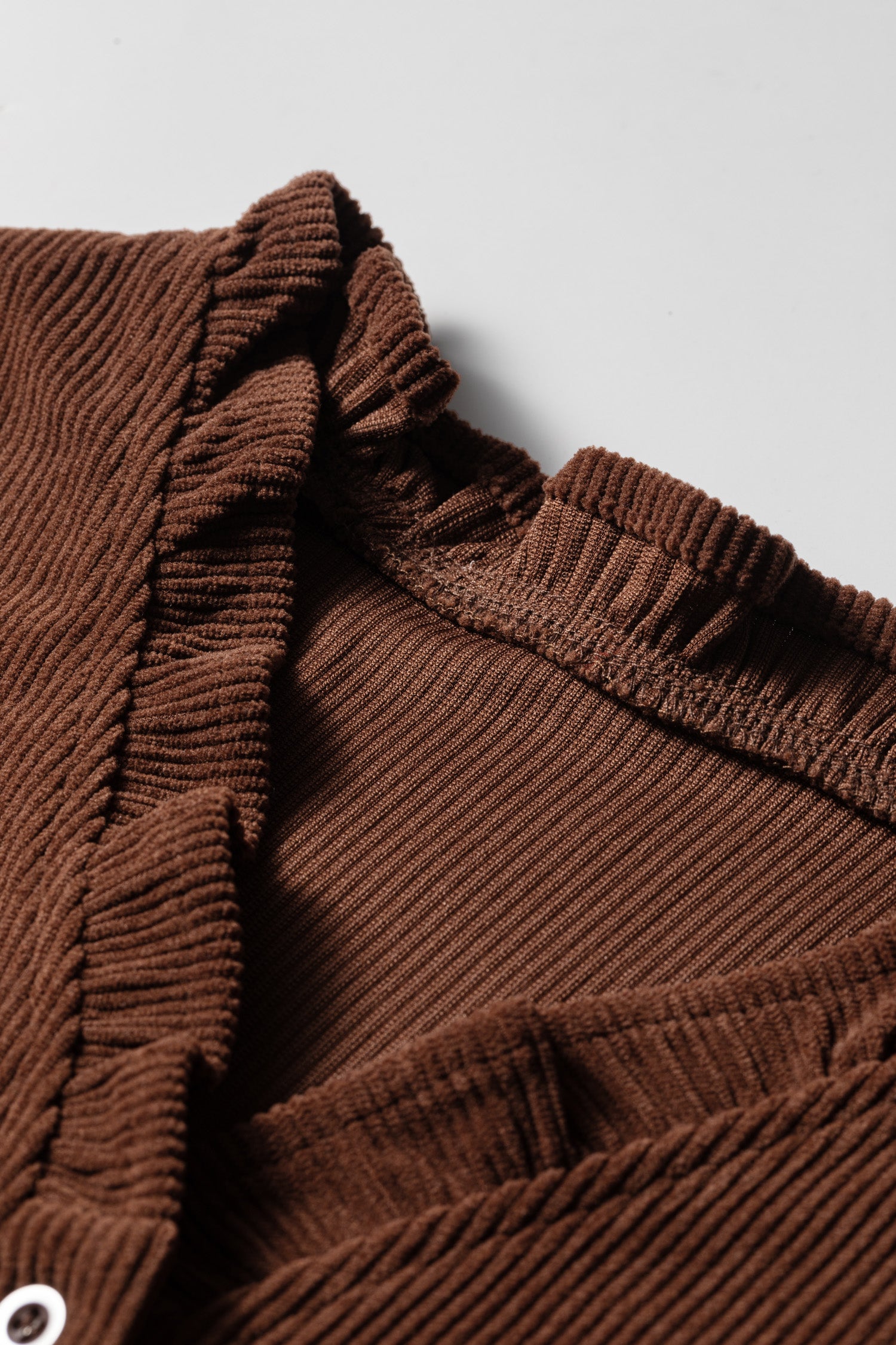 Coffee Solid Color Ruffle Trim V Neck Long Sleeve Button Corduroy Shakcet – Brown