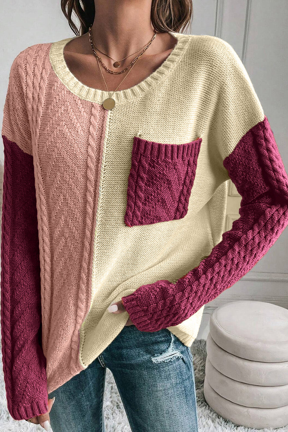 Rose Tan Colourblock Patched Pocket Drop Shoulder Sweater eAura