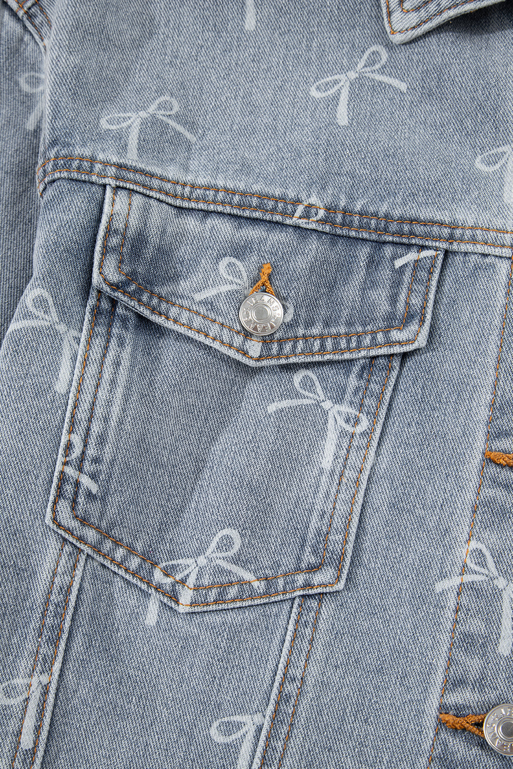 Sky Blue Bow Knot Print Light Wash Raw Hem Denim Jacket Dear-Lover Dropshipping
