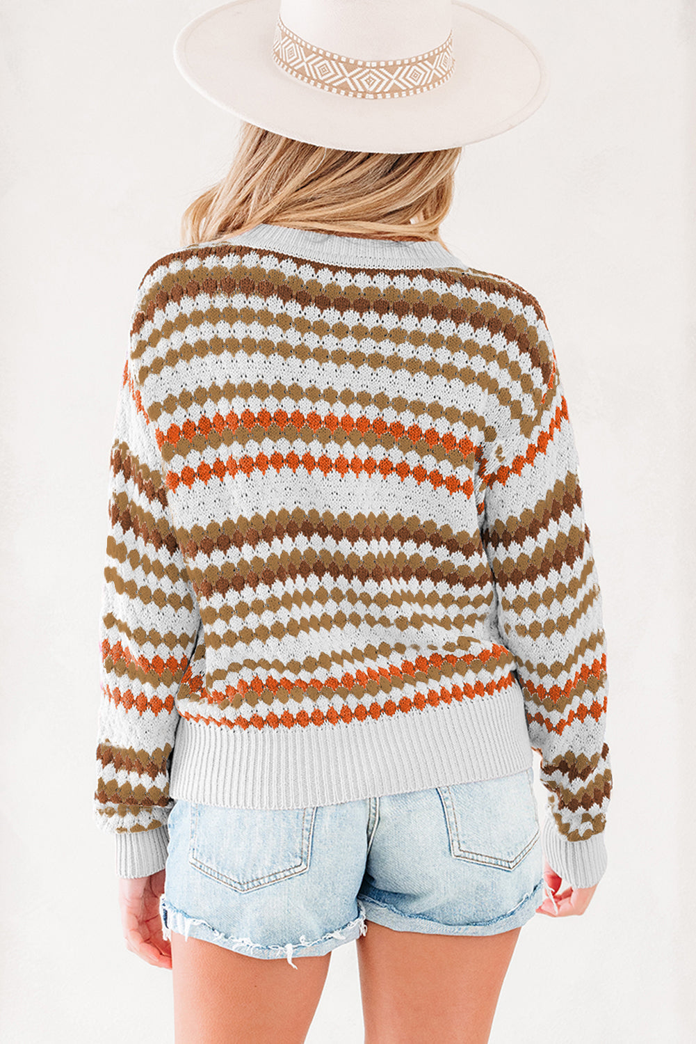 Striped Eyelet Patterned Drop Shoulder Knit Sweater - eAura