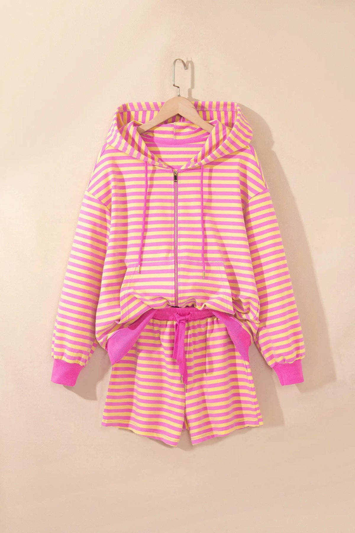 Striped Long Sleeve Zip-Up Hoodie Drawstring Elastic Waist 2pcs Short Set – Rose Red