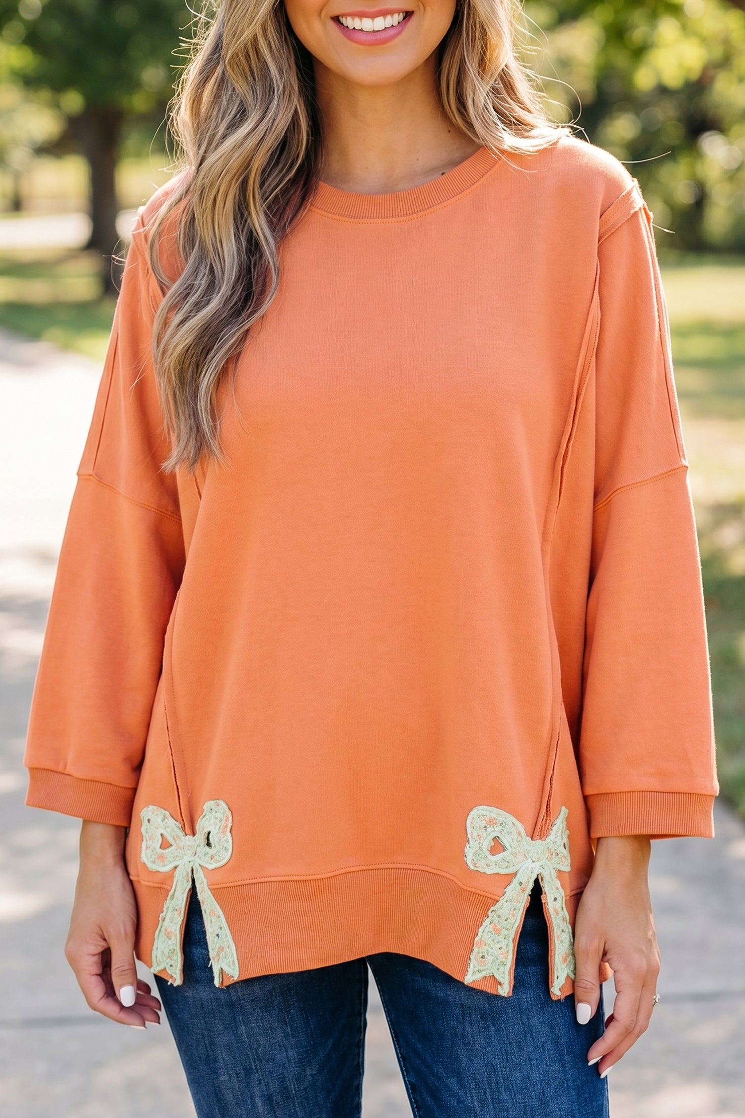 Floral Bow Patched Exposed Seam Oversized Sweatshirt