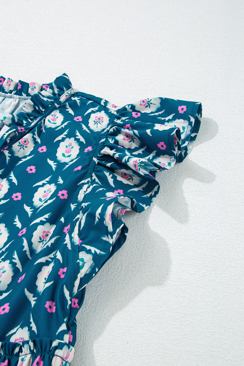 Blue Retro Floral Print Split Neck Ruffle Short Sleeve Dress eAura