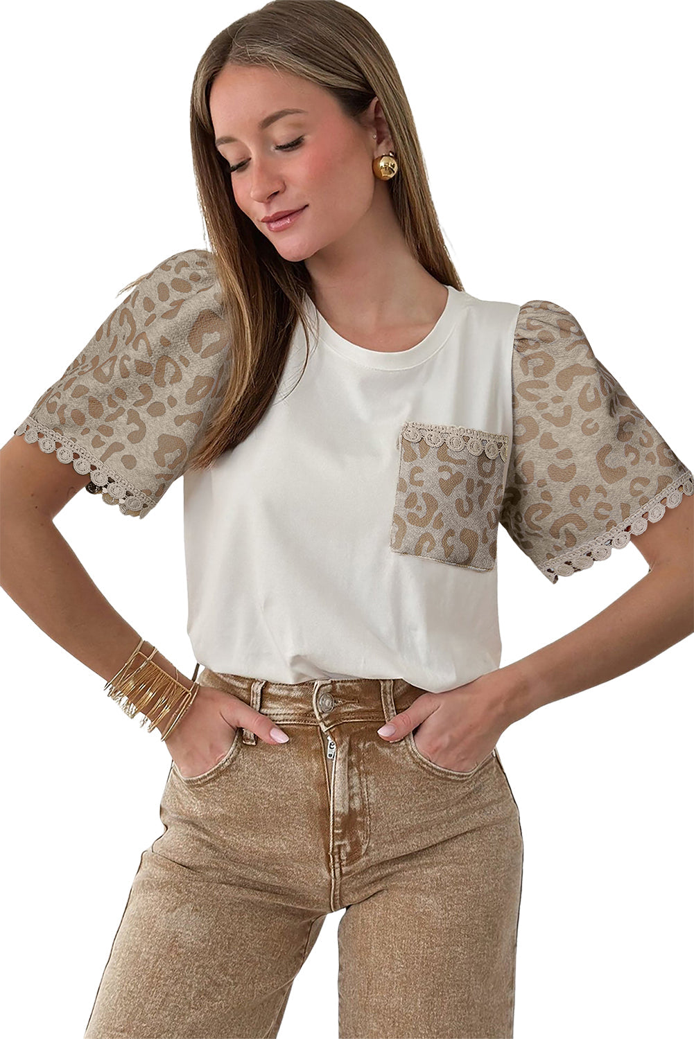 White Leopard Patchwork Crochet Lace Trim Puff Sleeve T Shirt eAura