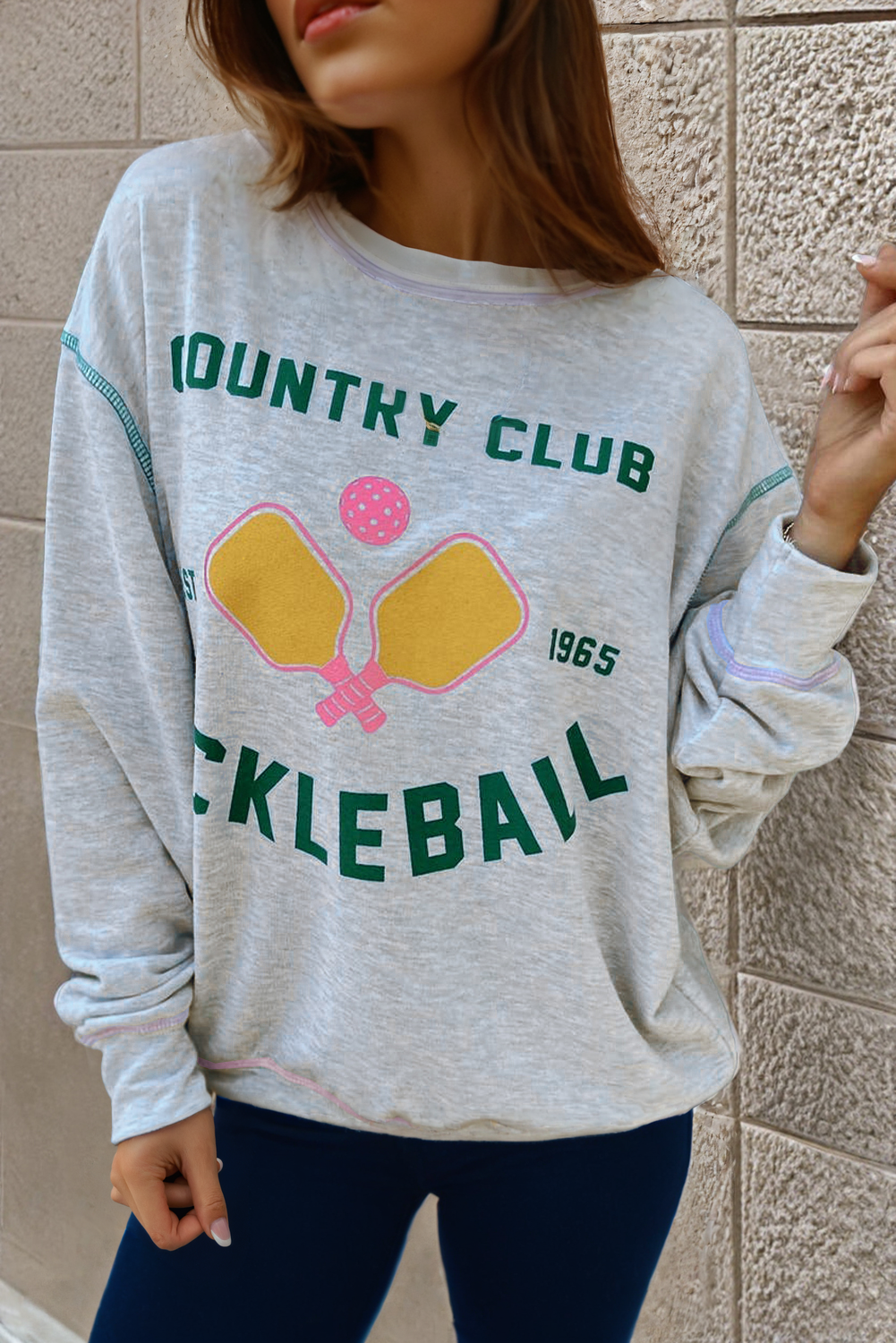 Light Grey COUNTRY CLUB PICKLEBALL Graphic Exposed Stitching Casual Sweatshirt eAura