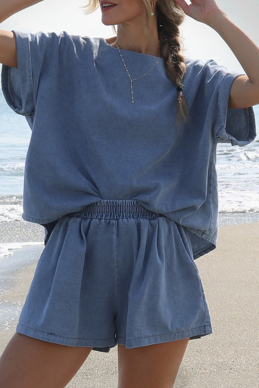 Light Blue Denim Cuffed Sleeve Tee Elastic Shorts Set eAura
