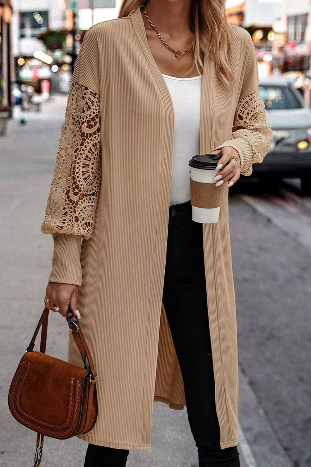 Parchment Lace Patchwork Ribbed Knit Open Front Duster Cardigan BB Fashion Outlet