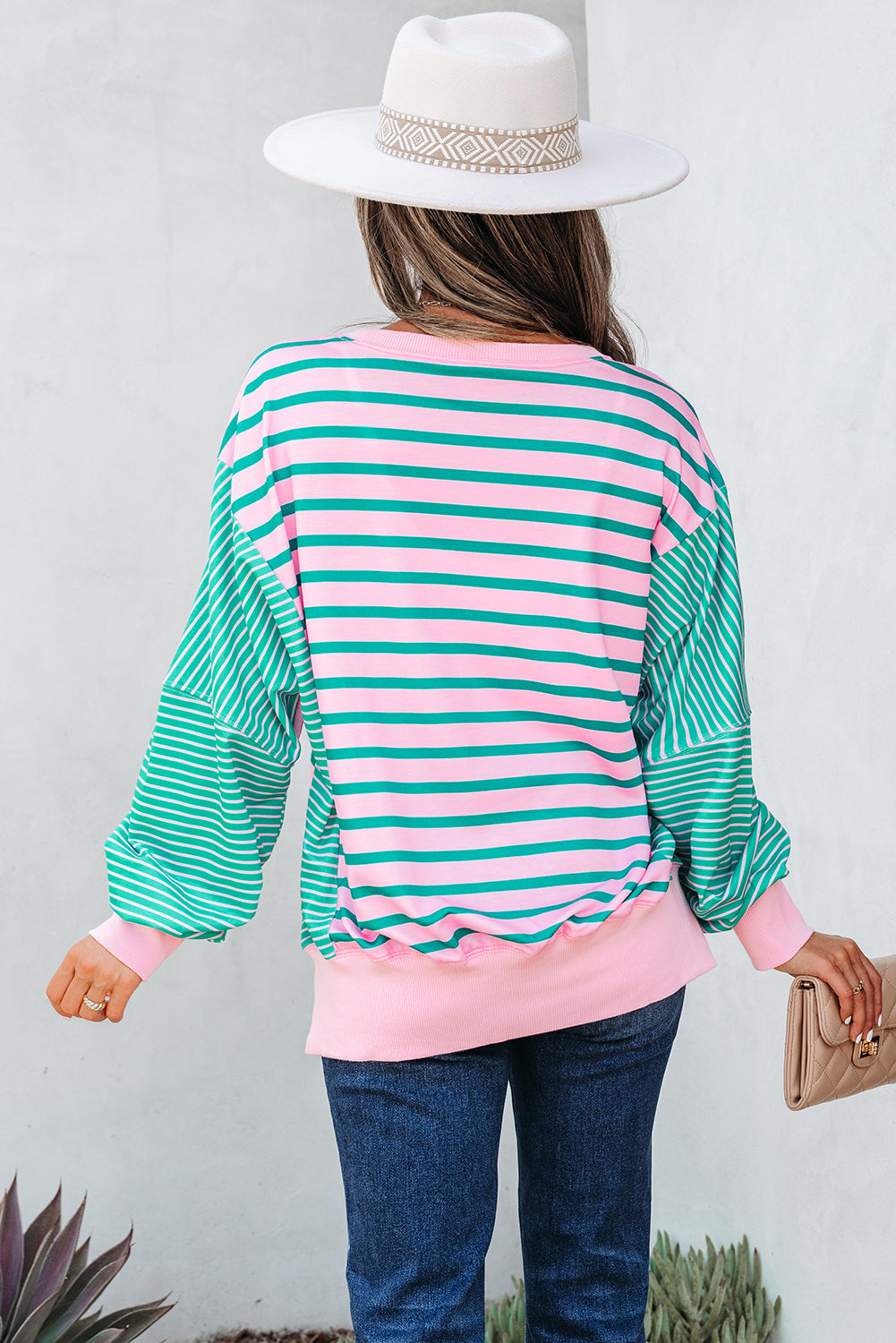 Green Stripe Patchwork Side Slit Oversized Sweatshirt - eAura