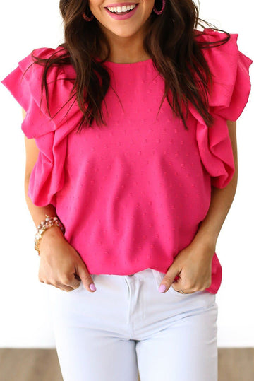 Rose Red Ruffled Sleeve Swiss Dot Blouse BB Fashion Outlet