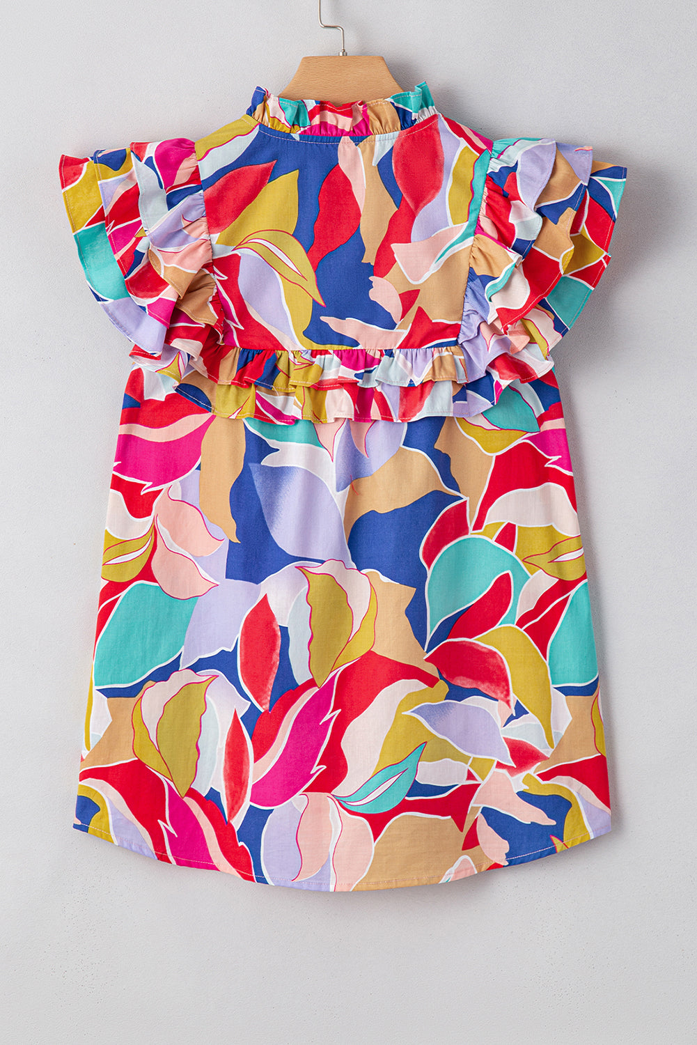 Pink Abstract Printed Ruffled Flutter Sleeve Tied Split V Neck Blouse eAura