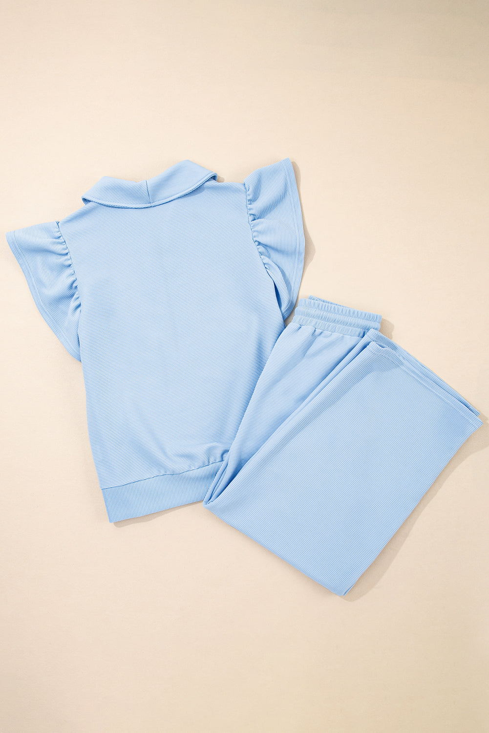 Beau Blue Textured Ruffled Sleeve Zipped Top and Wide Leg Trousers Set eAura