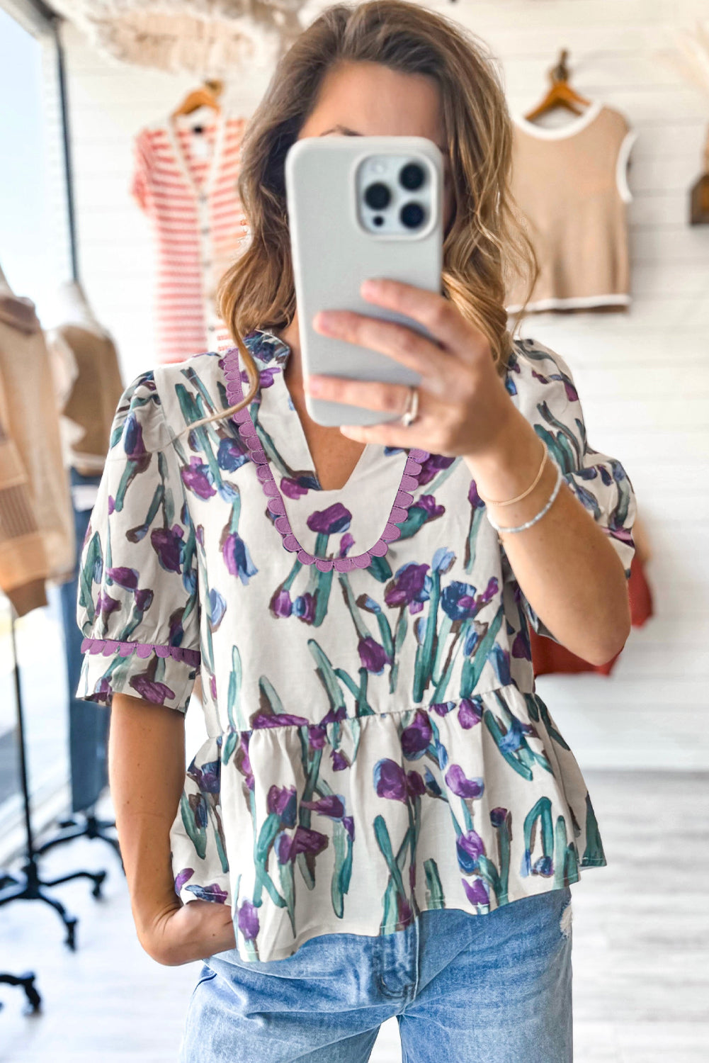 Purple Floral Ricrac Trim Half Sleeve Peplum Top eAura