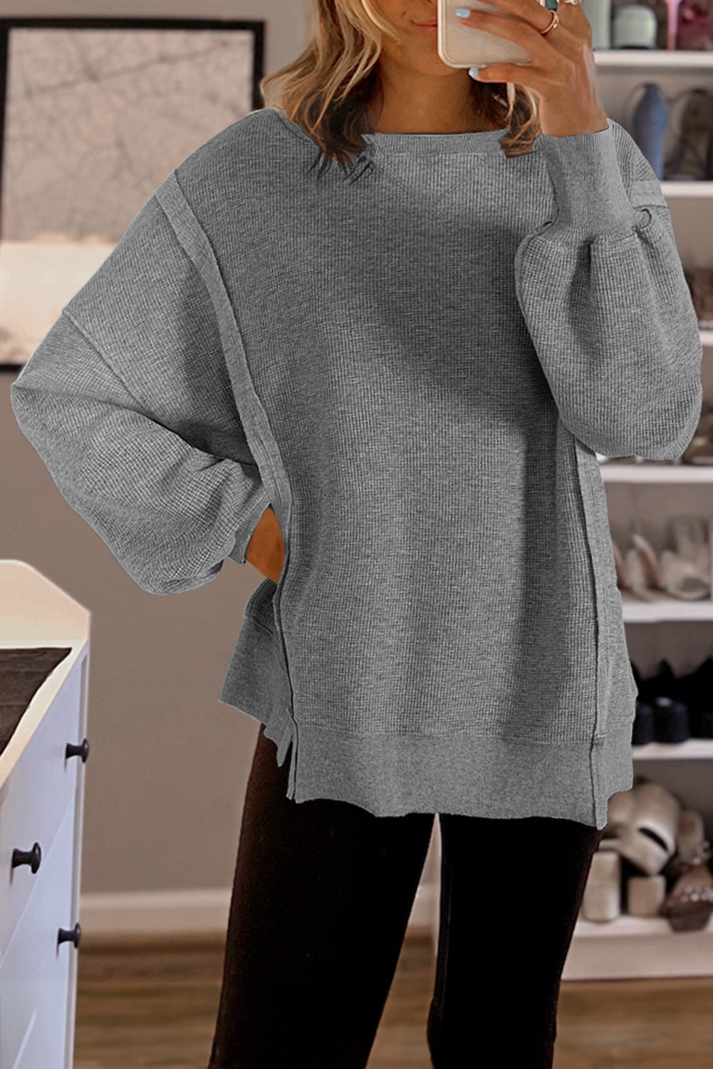 Gray Waffle knit Bishop Sleeve Split Oversized Top Beagle Boutique Fashion Outlet