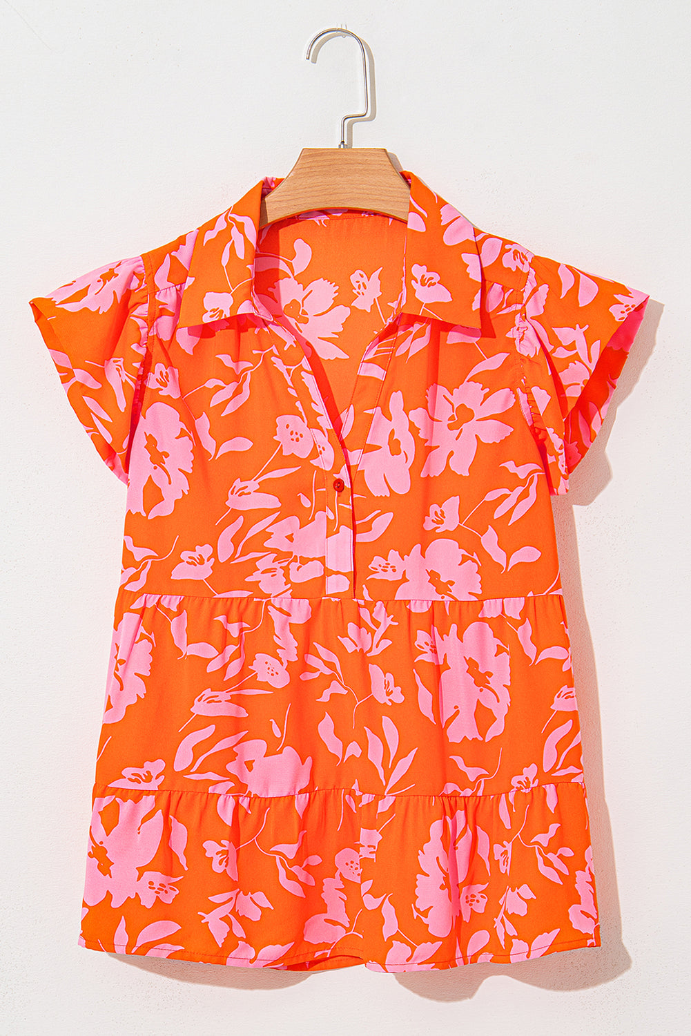 Orange Floral Print Collared Button Neckline Flutter Sleeve Blouse eAura