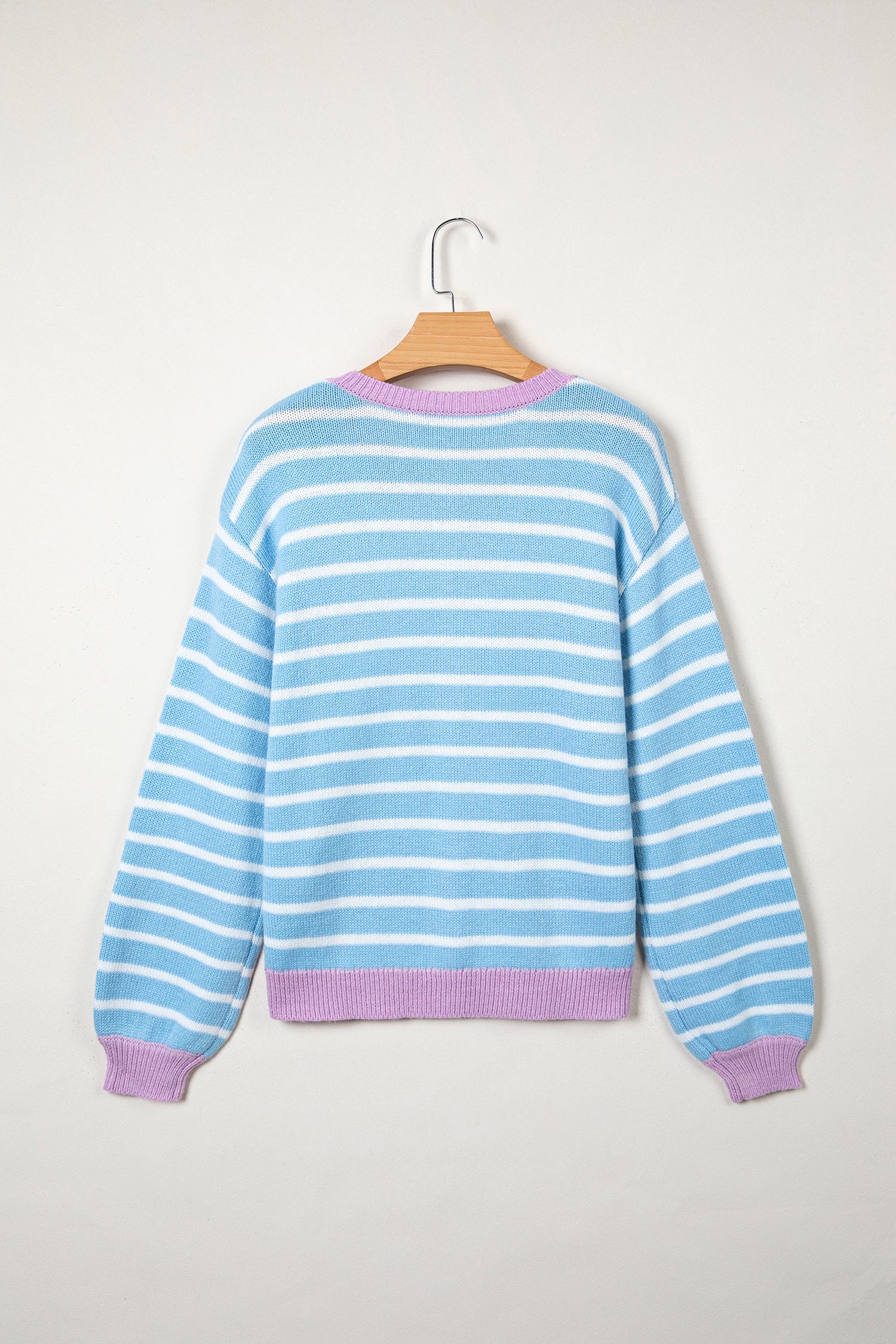 Contrast Trim Button Down Casual Sweater Cardigan – Sky Blue Stripe