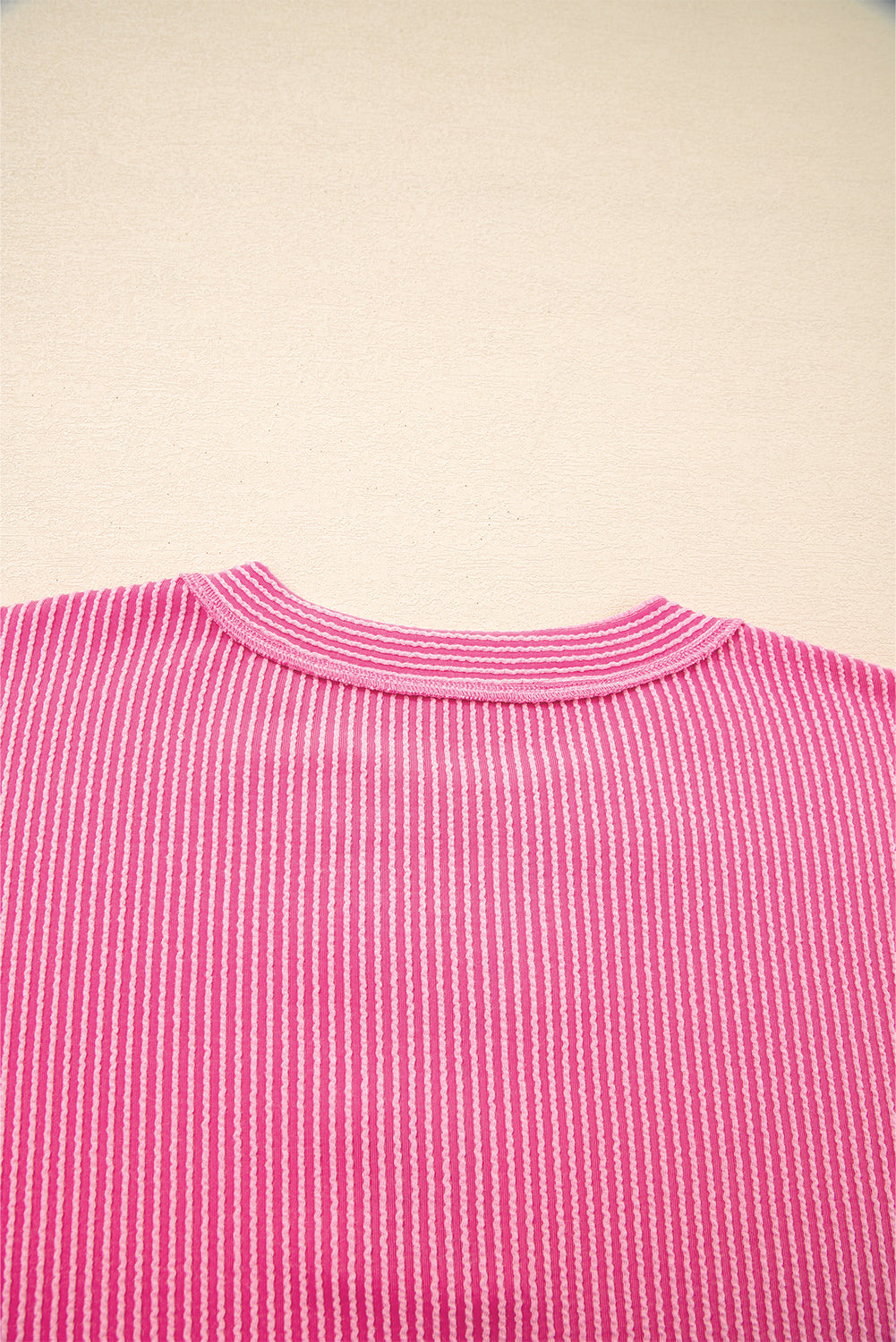 Soft Corded Texture Patchwork Split Neck Long Sleeve Top - eAura