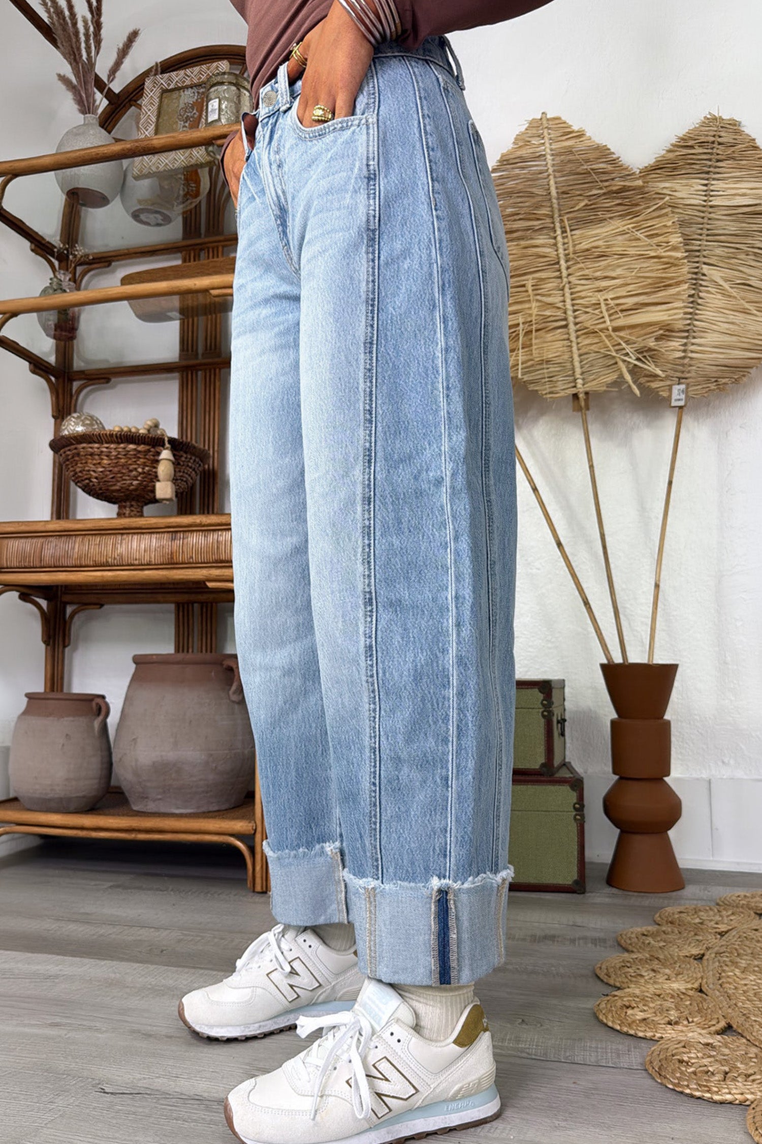 Raw Hem Turnup Loose Ankle-length Jeans – Sail Blue