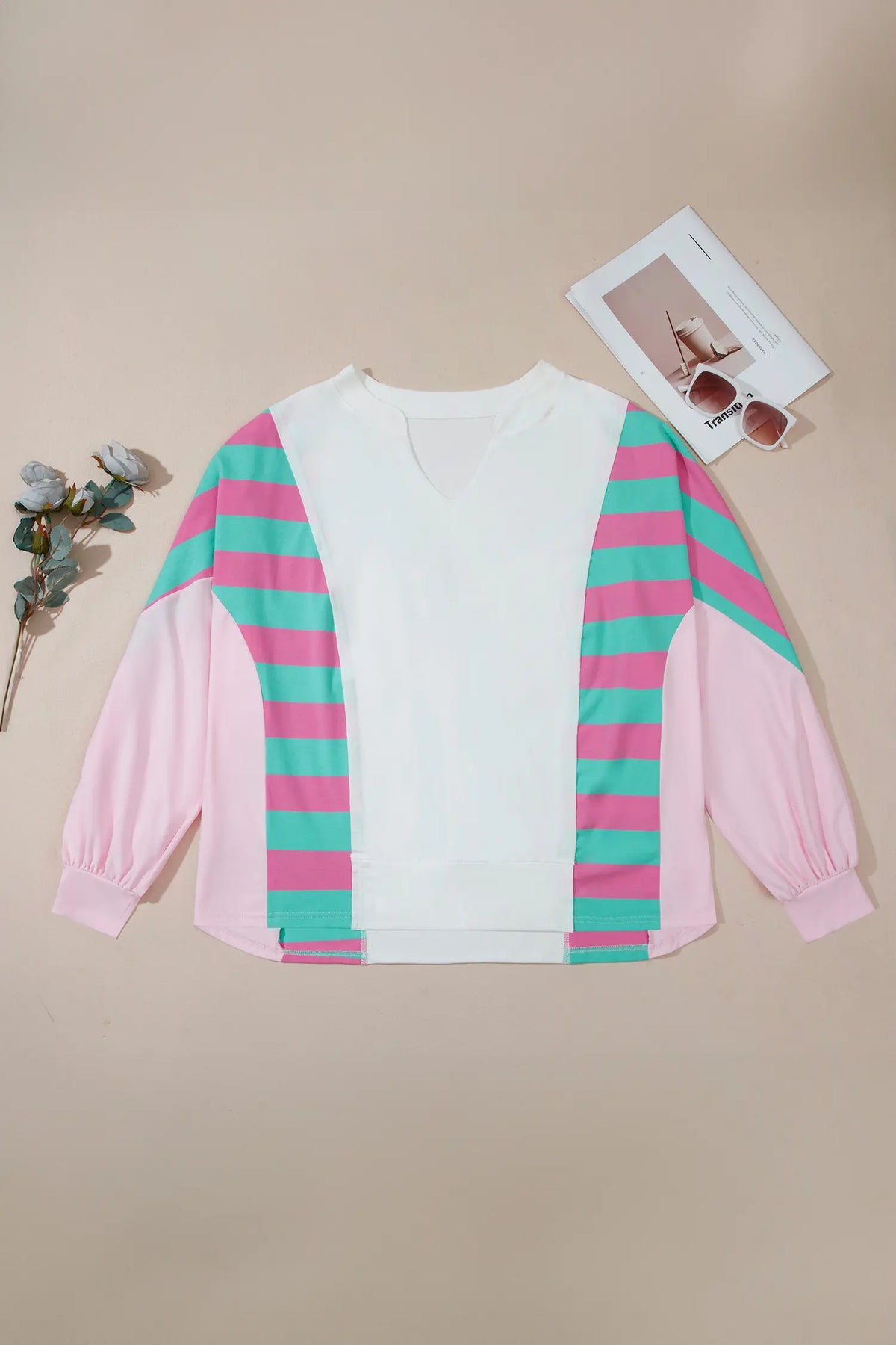 Striped Colourblock V Neck Shift Long Sleeve Plus Size Blouse – White