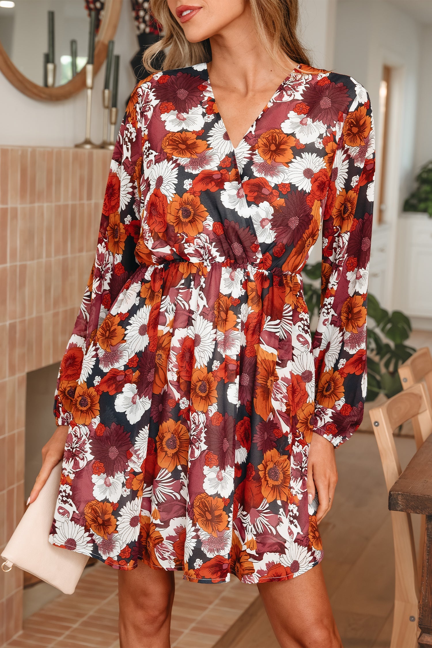 Floral Print Wrap V-Neck Puff Sleeve Flowy Mini Dress - Dresses/Floral Dresses