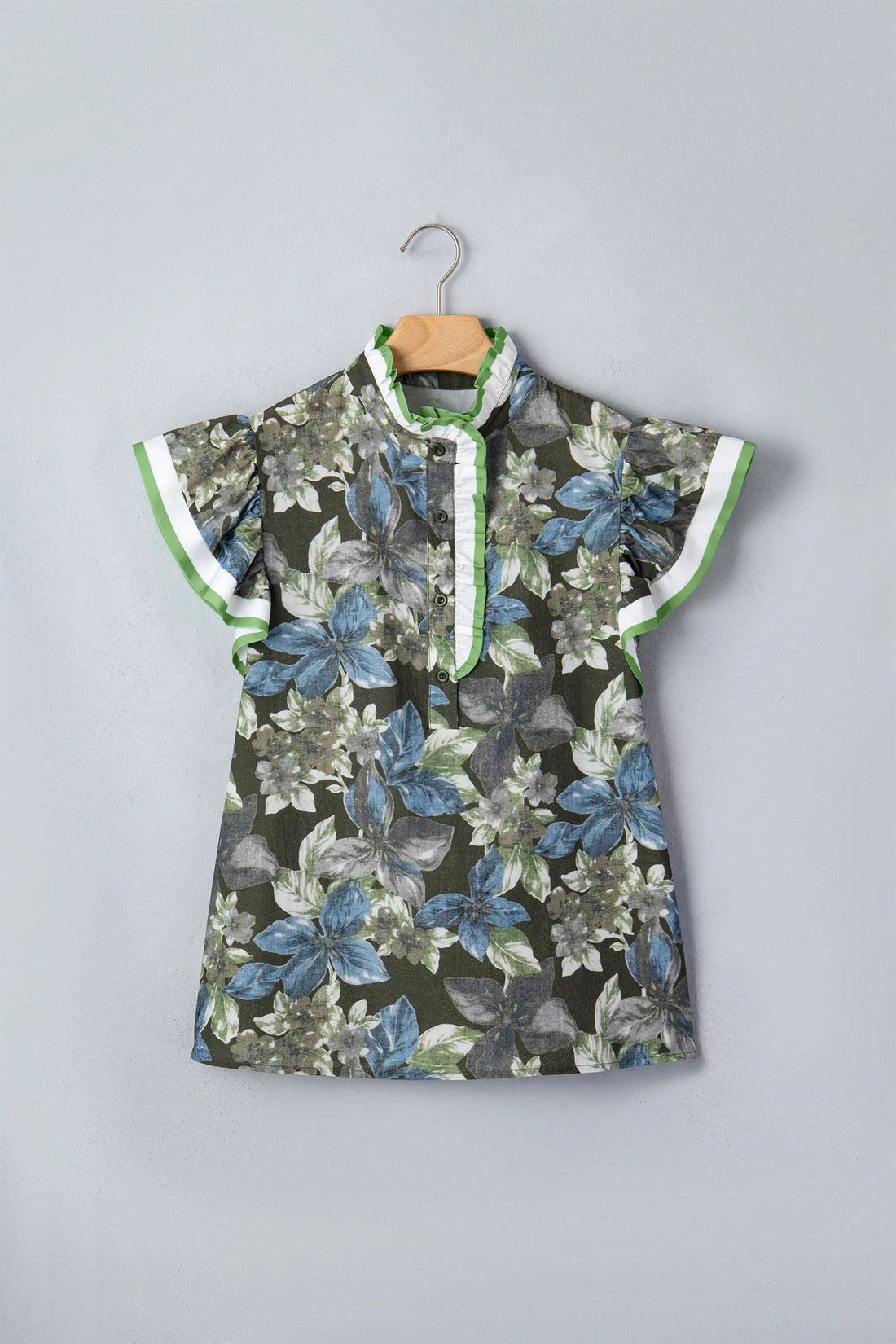 Ruffled Short Sleeve Floral Summer Blouse – Green
